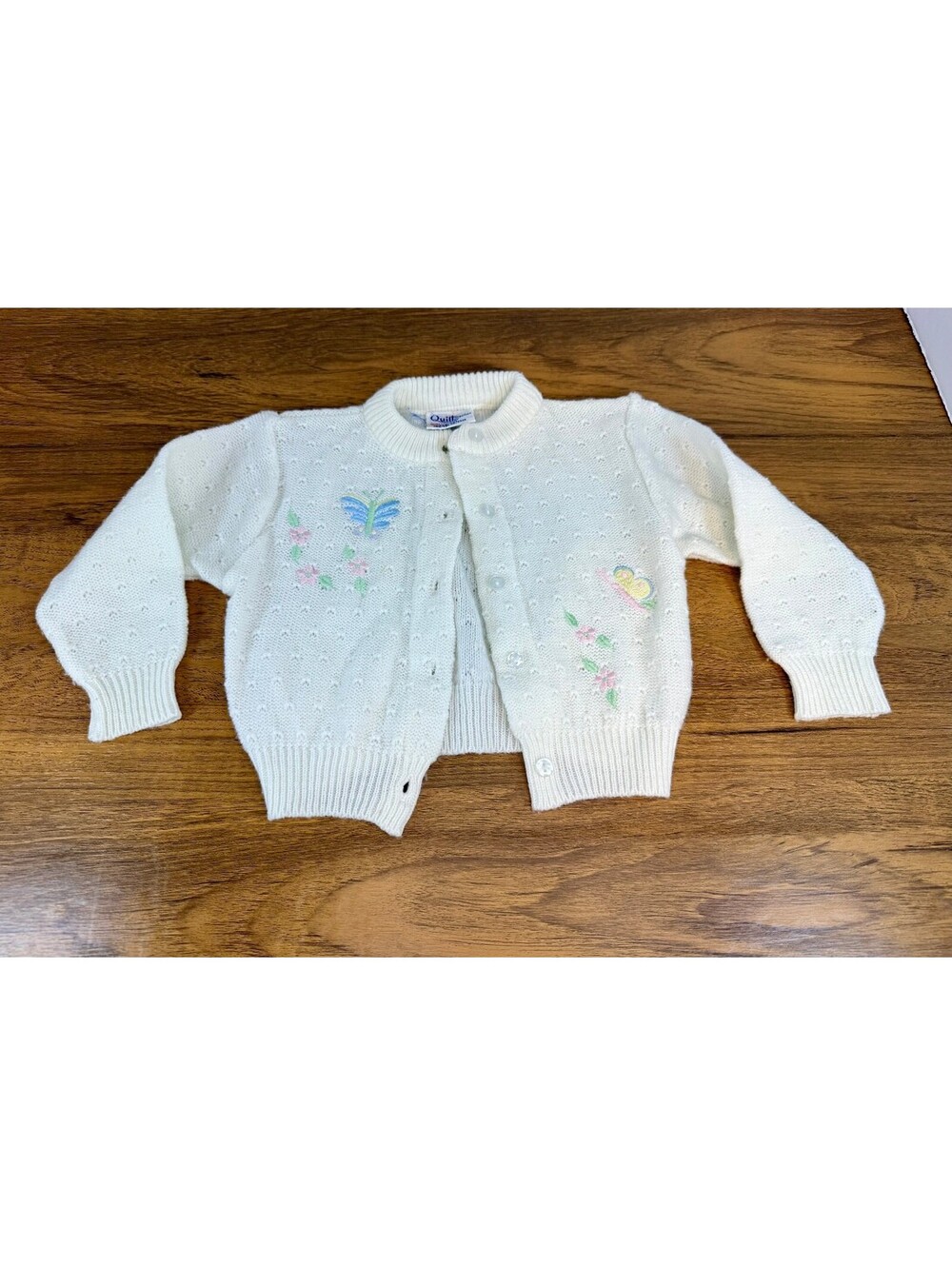 Vintage Quiltex Baby Girl Cardigan 18M White Knit Butterfly Floral Embroidery